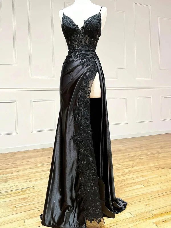 V Neck Satin Lace Long Prom Dress, Lace Long Evening Dress     cg25050