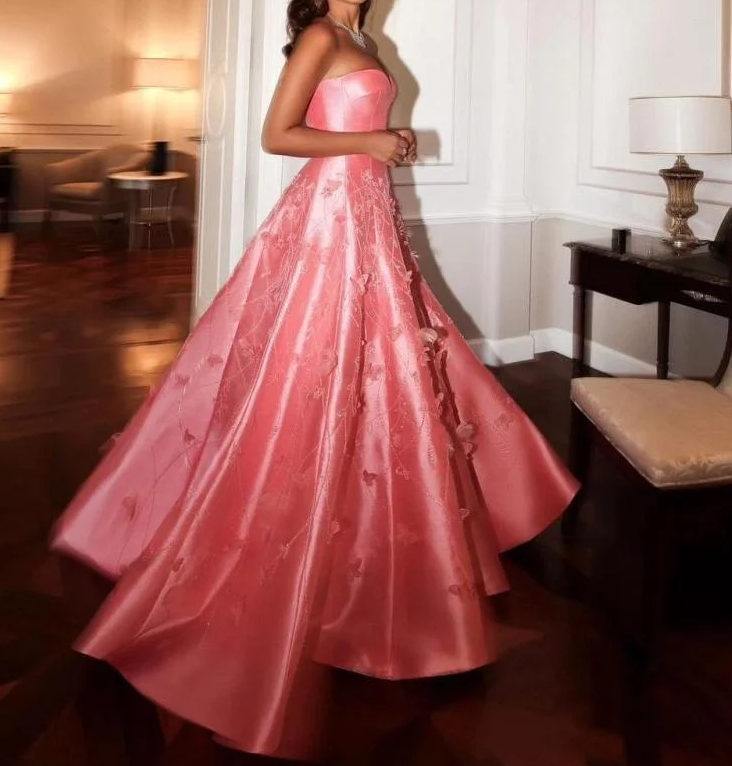 Pink Satin Handmade Flowers A Line Prom Dresses Unique Evening Dress     cg25169