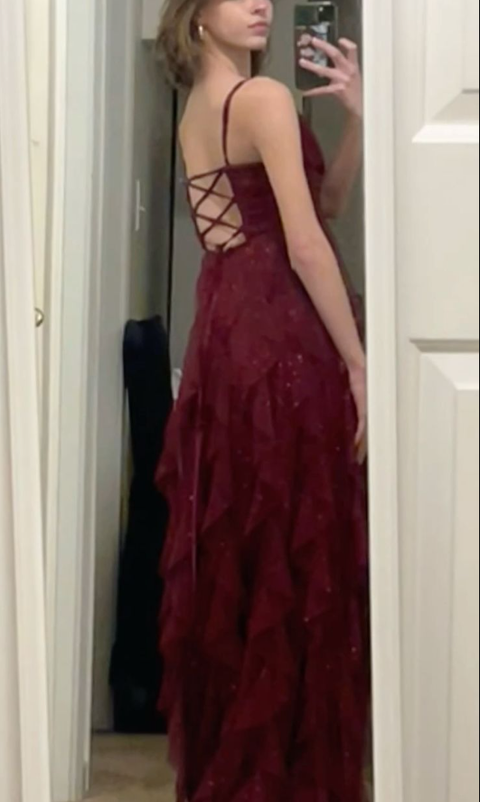 Spaghetti Straps Sexy Prom Dress Burgundy Tulle Long Evening Dresses    cg25340