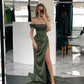 Off The Shoulder Green Sheath Long Prom Dresses With Slit       cg25246