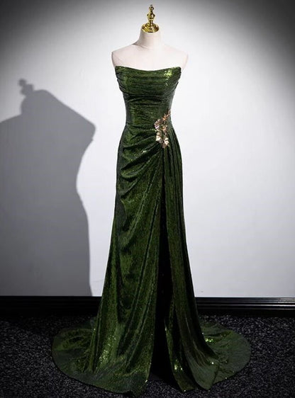 Green Sequins Mermaid Long Prom Dress with Leg Slit, Green Sequins Party Dress      cg25260