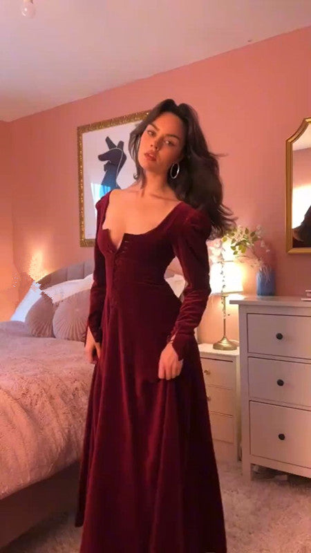 Sexy Burgundy Velvet Prom Dress New Evening Dresses      cg25222