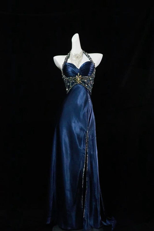 Navy Blue Halter Beaded Prom Dress Long Evening Dress      cg25264