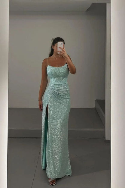 Shinning Mint Sequins Sleeveless Spaghetti Strap Long Pleated Prom Dress with Split      cg25298