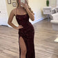 Burgundy Sequins Sleeveless Long Prom Dress with Split      cg25303