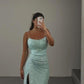 Shinning Mint Sequins Sleeveless Spaghetti Strap Long Pleated Prom Dress with Split      cg25298