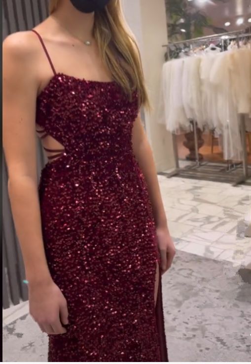 Sexy Mermaid Spaghetti Straps Burgundy Sequin Prom Dresses Party Dress      cg25274