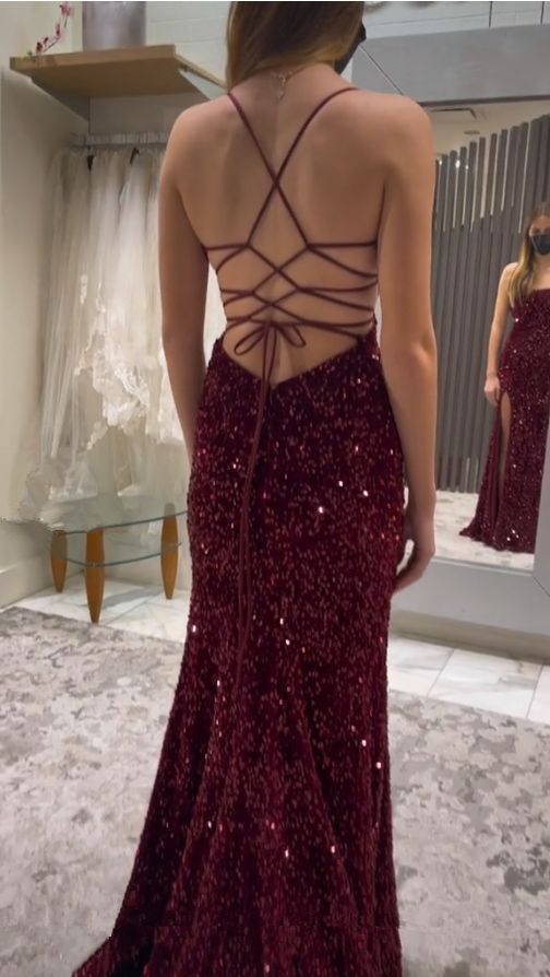 Sexy Mermaid Spaghetti Straps Burgundy Sequin Prom Dresses Party Dress      cg25274