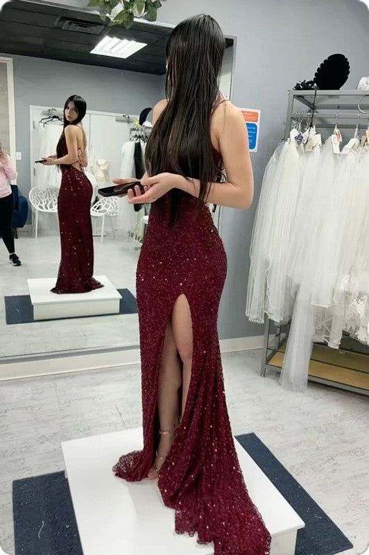 Sexy Mermaid Spaghetti Straps Burgundy Sequin Prom Dresses Party Dress      cg25274