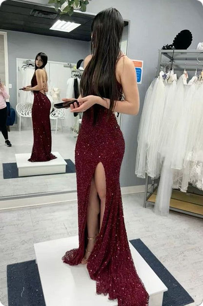 Sexy Mermaid Spaghetti Straps Burgundy Sequin Prom Dresses Party Dress      cg25274