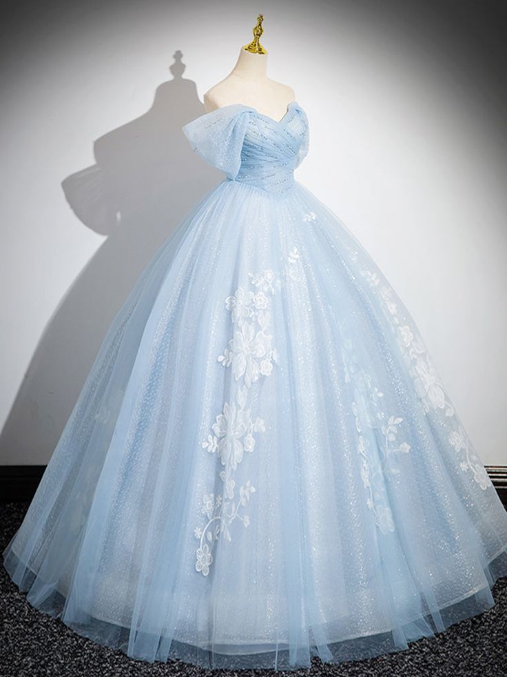 A-Line Tulle Lace Blue Long Prom Dress, Off Shoulder Blue Long Sweet 16 Dress    cg25056