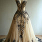 A Line Champagne Tulle Black Lace Long Prom Dresses Charming Evening Dress    cg25370