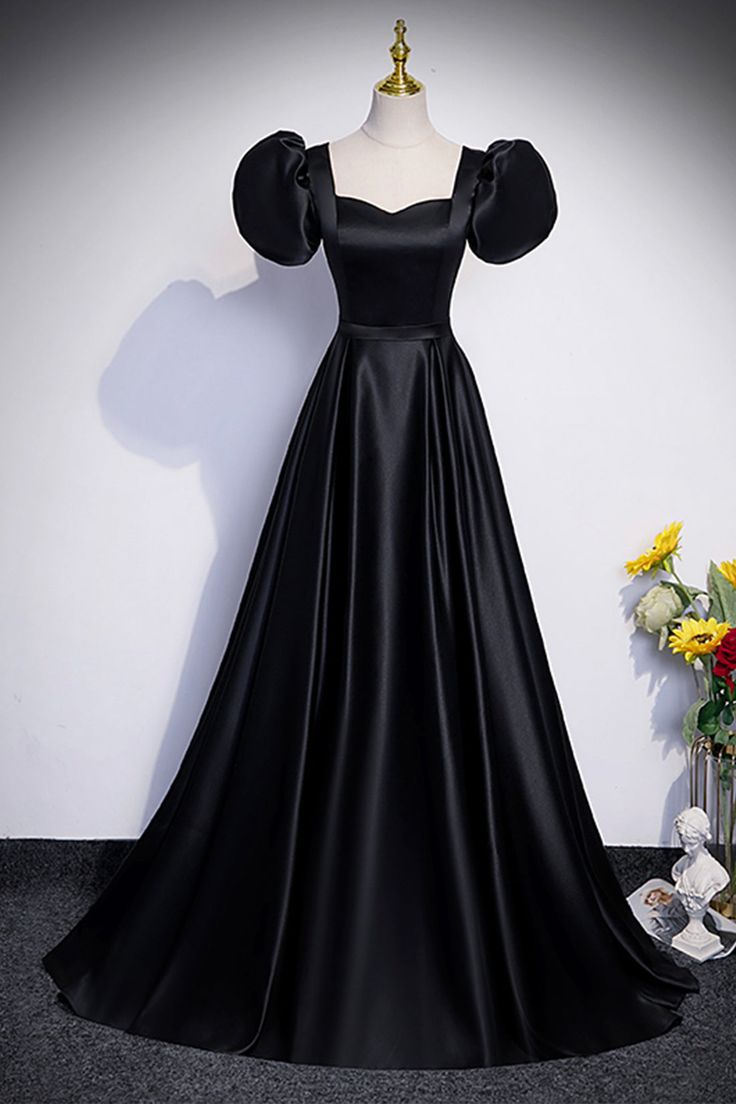 Black Satin Floor Length Prom Dress, Simple Black Short Sleeve Evening Dress     cg25039