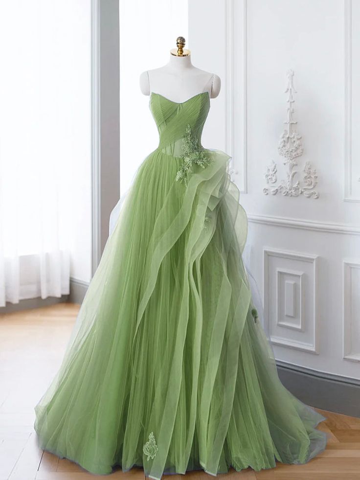 Green A-Line Long Prom Dress, Green Lace Long Evening Dress     cg25028