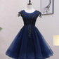 Navy Blue Tulle Beaded Knee Length Cap Sleeves Prom Dress, Blue Homecoming Dress      cg25019