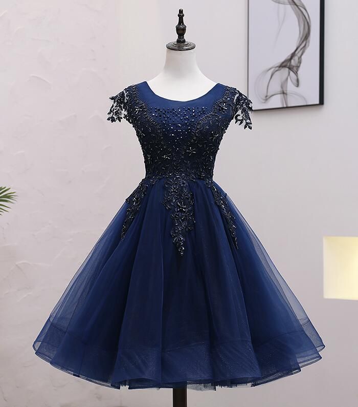 Navy Blue Tulle Beaded Knee Length Cap Sleeves Prom Dress, Blue Homecoming Dress      cg25019