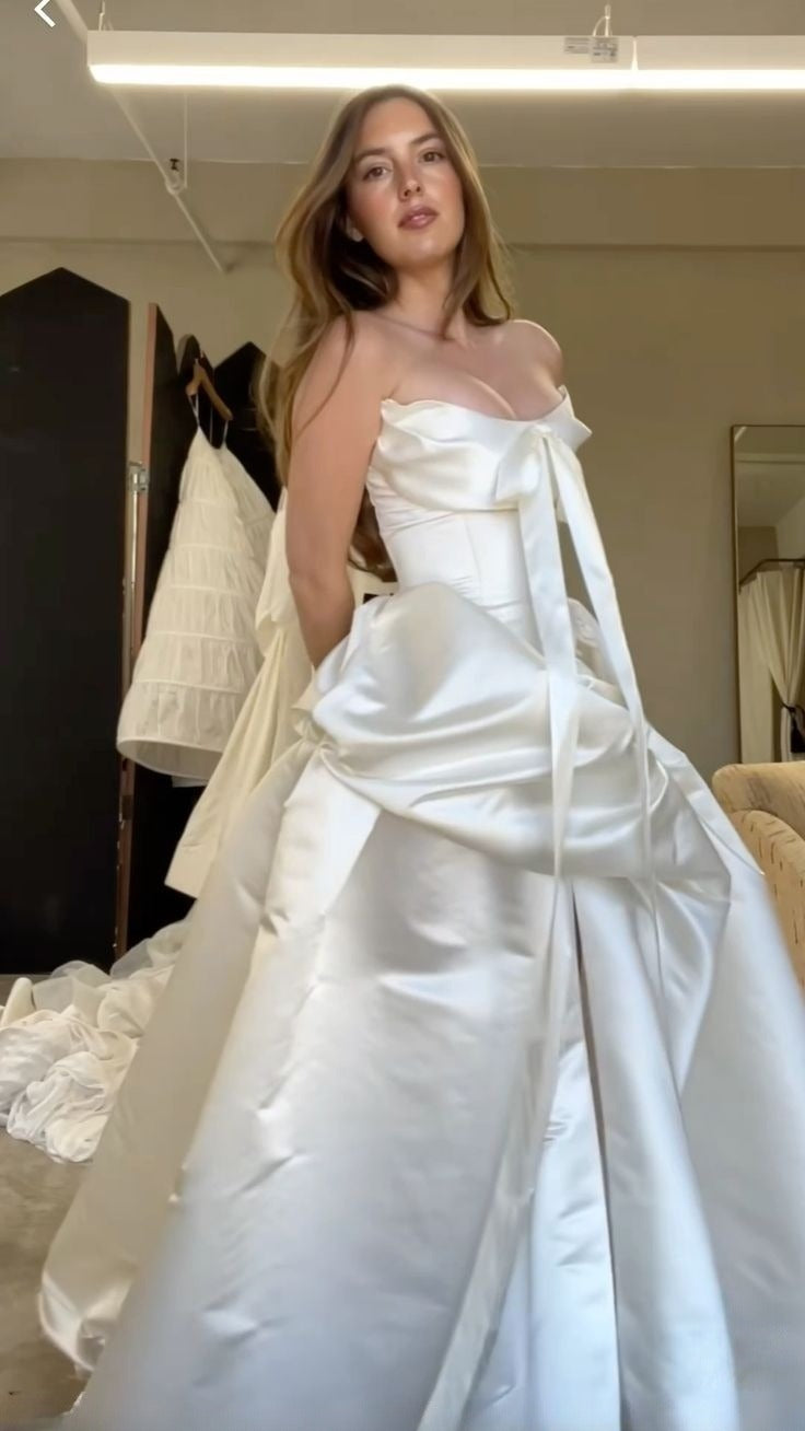 Strapless satin long wedding dress unique bridal gown     cg25385