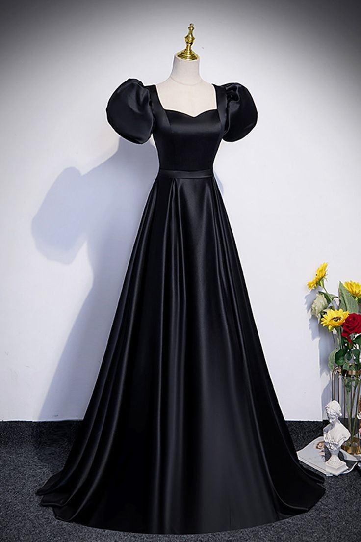 Black Satin Floor Length Prom Dress, Simple Black Short Sleeve Evening Dress     cg25039