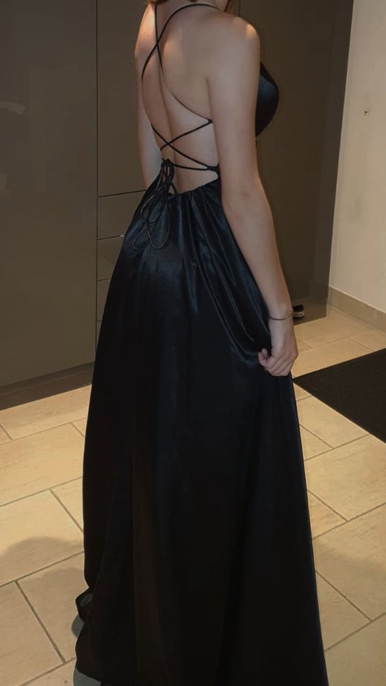 Sexy A Line Straps Floor Length Black Slit Prom Dresses    cg25012