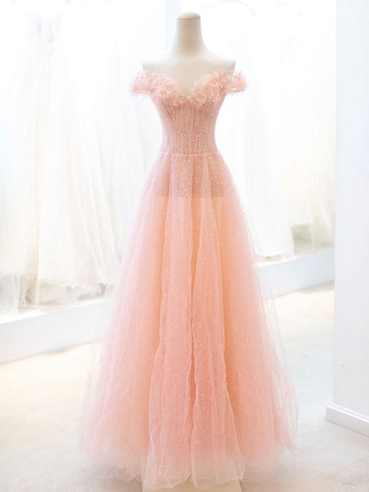 Pink Tulle Sequins Long Prom Dress, A-Line Lovely Evening Party Dress     cg25118