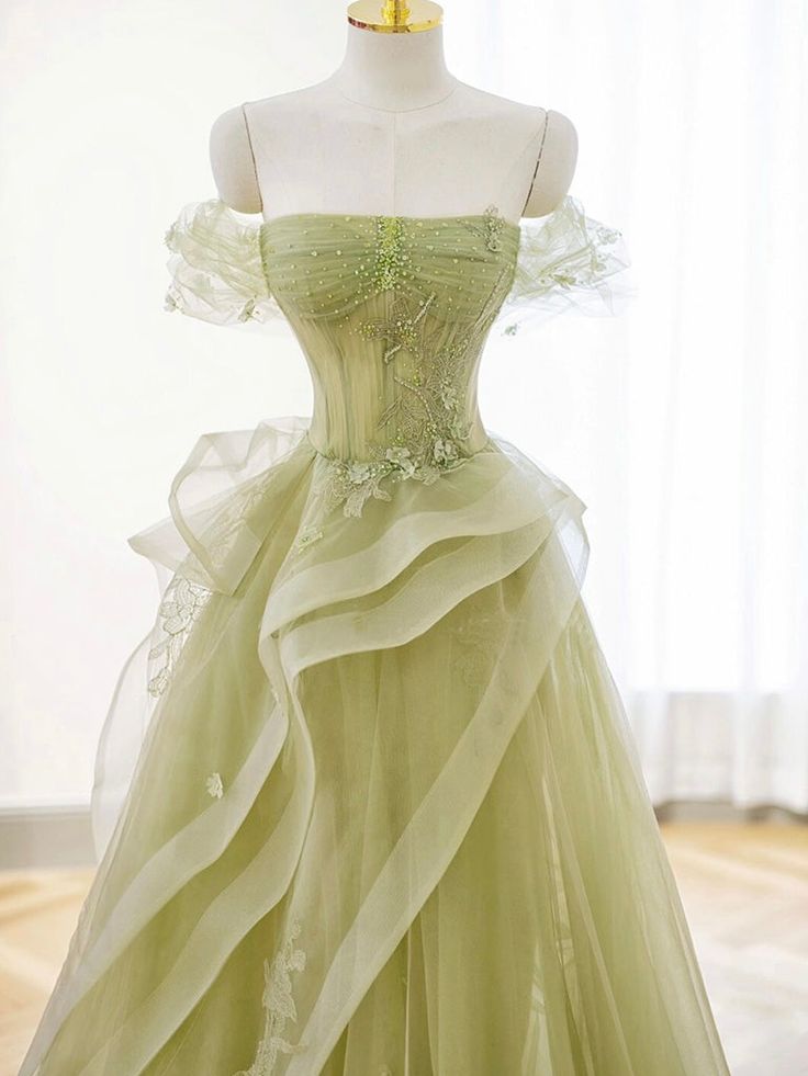 A-Line Off Shoulder Tulle Lace Green Long Prom Dress, Green Long Graduation Dress    cg25025