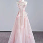 Pink Halter Shiny Tulle Long Prom Dress, Pink Tulle Evening Dress with Flowers      cg25052