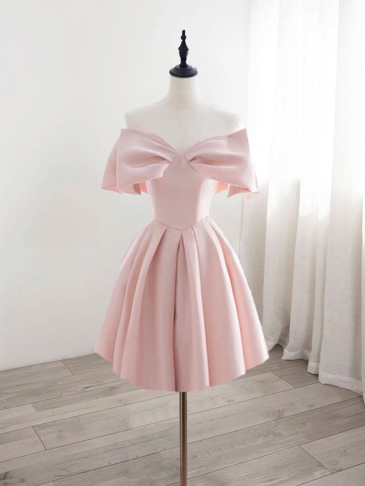 A-Line Off Shoulder Satin Pink Short Prom Dress, Pink Homecoming Dress   cg25005