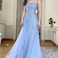 Blue Tulle Lace Appliques Long Prom Dresses Charming Evening Dress  cg25377