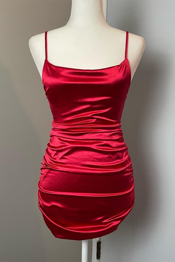 Red Satin Sheath Straps Homecoming Dress      cg25036