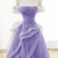 A-Line Off Shoulder Tulle Lace Purple Long Prom Dress, Purple Lace Long Formal Dress    cg25024