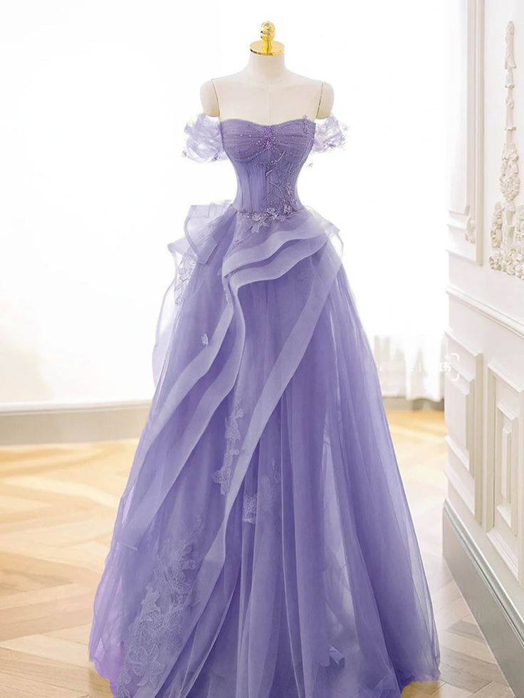 A-Line Off Shoulder Tulle Lace Purple Long Prom Dress, Purple Lace Long Formal Dress    cg25024