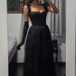 Vintage A line Straps Sleeveless Long Tulle Black Prom Dress       cg25232