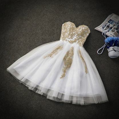 Cute White Tulle Party Dress with Gold Applique homecoming Dresses   cg9831