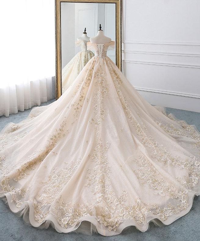 Champagne off shoulder tulle lace long wedding dress, wedding gown Prom Dresses    cg16350