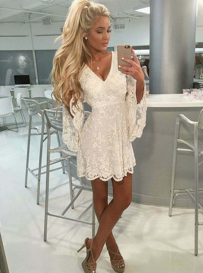Sheath Off-the-Shoulder Bell Sleeves Short White Lace Homecoming Cocktail Dress ,cute homecoming dress cg383