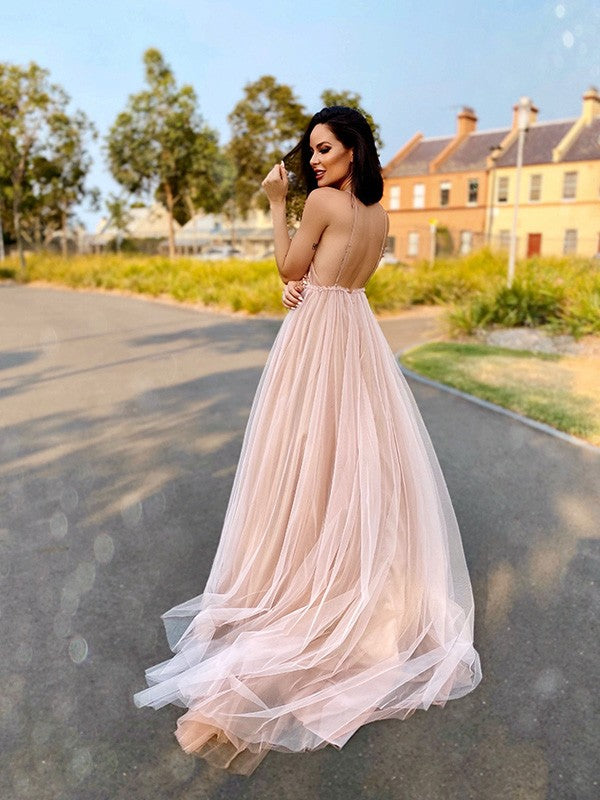 A-Line/Princess Tulle V-neck Hand-Made Flower Sleeveless Sweep/Brush Train Dresses Prom Dress     cg20737