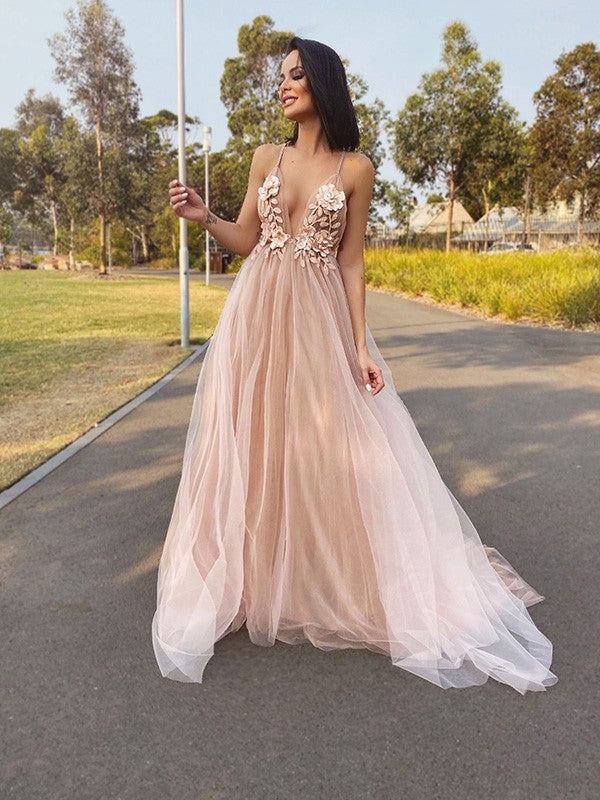 A-Line/Princess Tulle V-neck Hand-Made Flower Sleeveless Sweep/Brush Train Dresses Prom Dress     cg20737