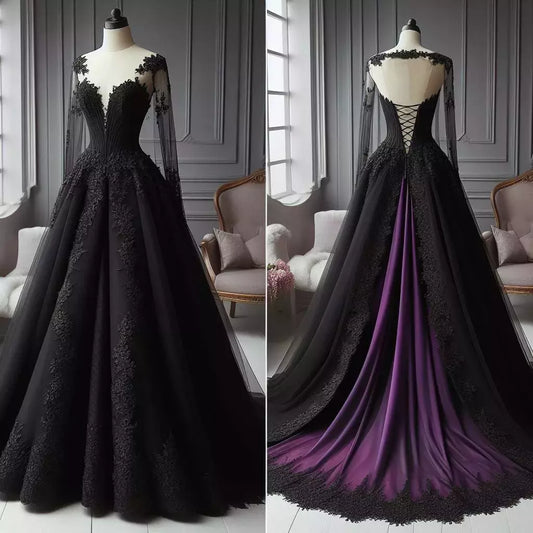 Gothic Black and Purple Wedding Dress Long Sleeve A-Line Bridal Gown Evening Dress    cg25372