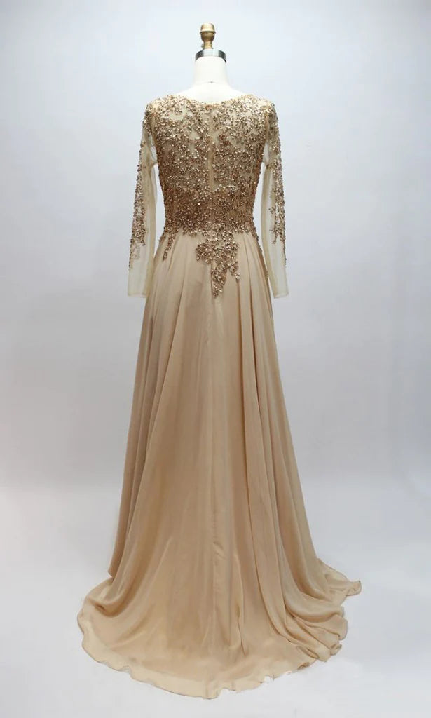 A-line Scoop neck Chiffon with Beaded Long Sleeves  Prom Dresses    cg20112