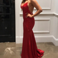 Red Lace Appliques V Neck Open Back Mermaid Prom Dresses cg5104