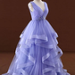 Lavender Tulle V-Neckline Layers Long Sweet 16 Dress, Light Purple Prom Dress Party Dress   cg19681