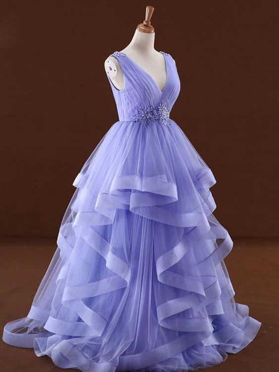 Lavender Tulle V-Neckline Layers Long Sweet 16 Dress, Light Purple Prom Dress Party Dress   cg19681