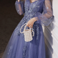 Blue Purple Tulle Long Sleeves Lace Applique Formal Gown, Blue-Purple Evening Dress Prom Dress    cg21874