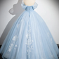 A-Line Tulle Lace Blue Long Prom Dress, Off Shoulder Blue Long Sweet 16 Dress    cg25056