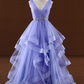 Lavender Tulle V-Neckline Layers Long Sweet 16 Dress, Light Purple Prom Dress Party Dress   cg19681