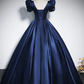 Elegant Blue Satin Floor-Length Prom Dresses, Square Neckline Puffy Short Sleeve Bow Formal Dresses    cg25015