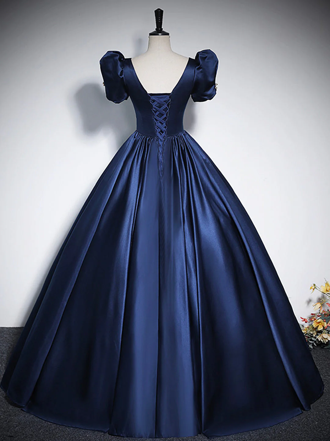 Elegant Blue Satin Floor-Length Prom Dresses, Square Neckline Puffy Short Sleeve Bow Formal Dresses    cg25015