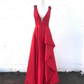 Charming V neck Red Satin Evening Dress, A Line Floor Length Prom Dress  cg5983