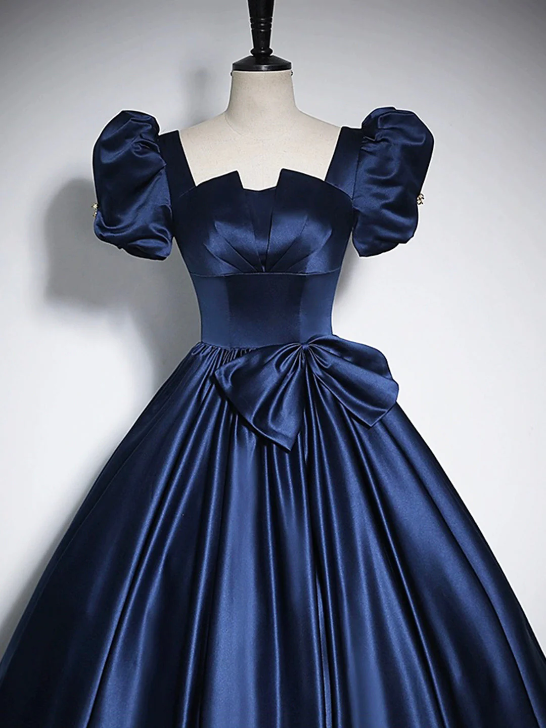 Elegant Blue Satin Floor-Length Prom Dresses, Square Neckline Puffy Short Sleeve Bow Formal Dresses    cg25015