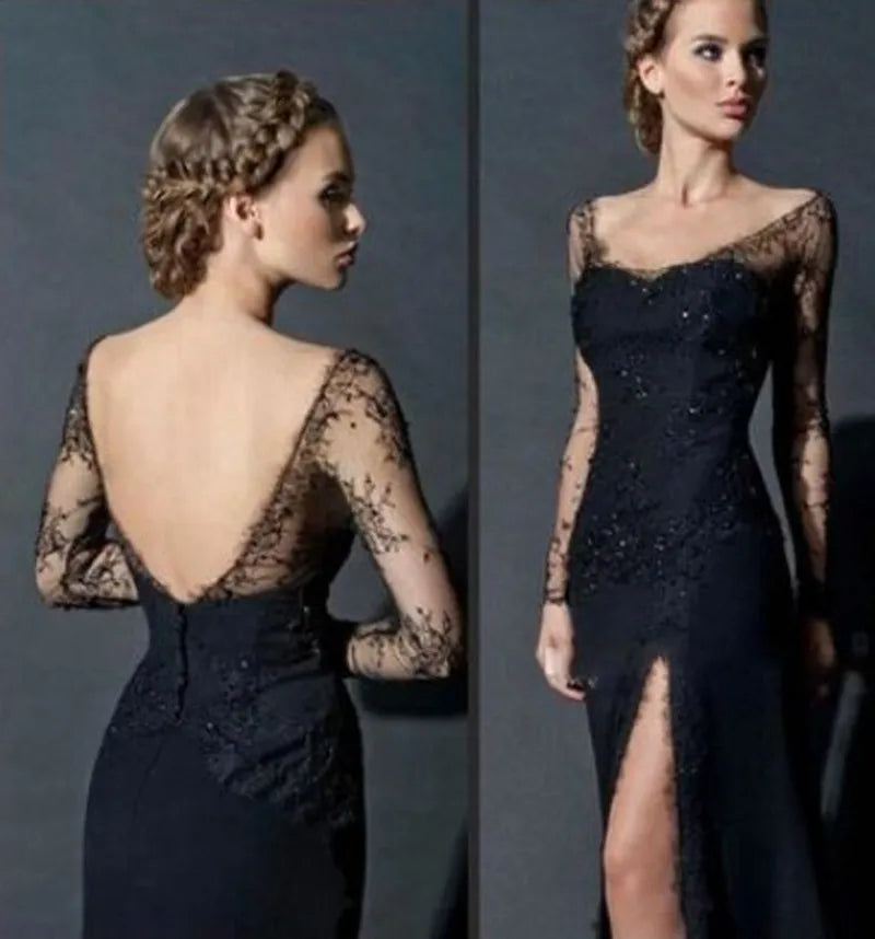 Black Elegnt Sheath Evening Dress, Long Sleeve Evening Dress, Elegant prom Dress cg2704